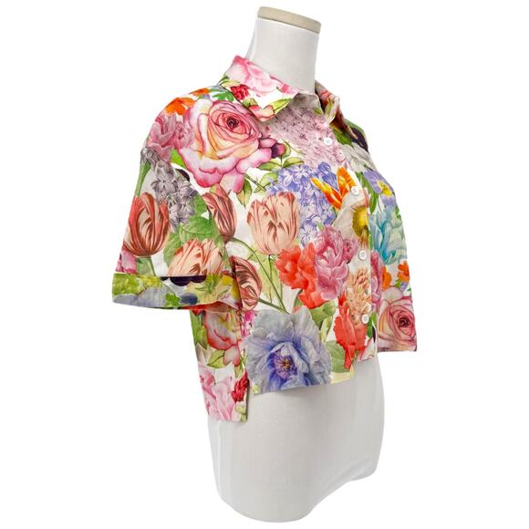 Alice + Olivia Cropped Floral Print Shirt Linen Blend Short Sleeve S Spring - Picture 3 of 7